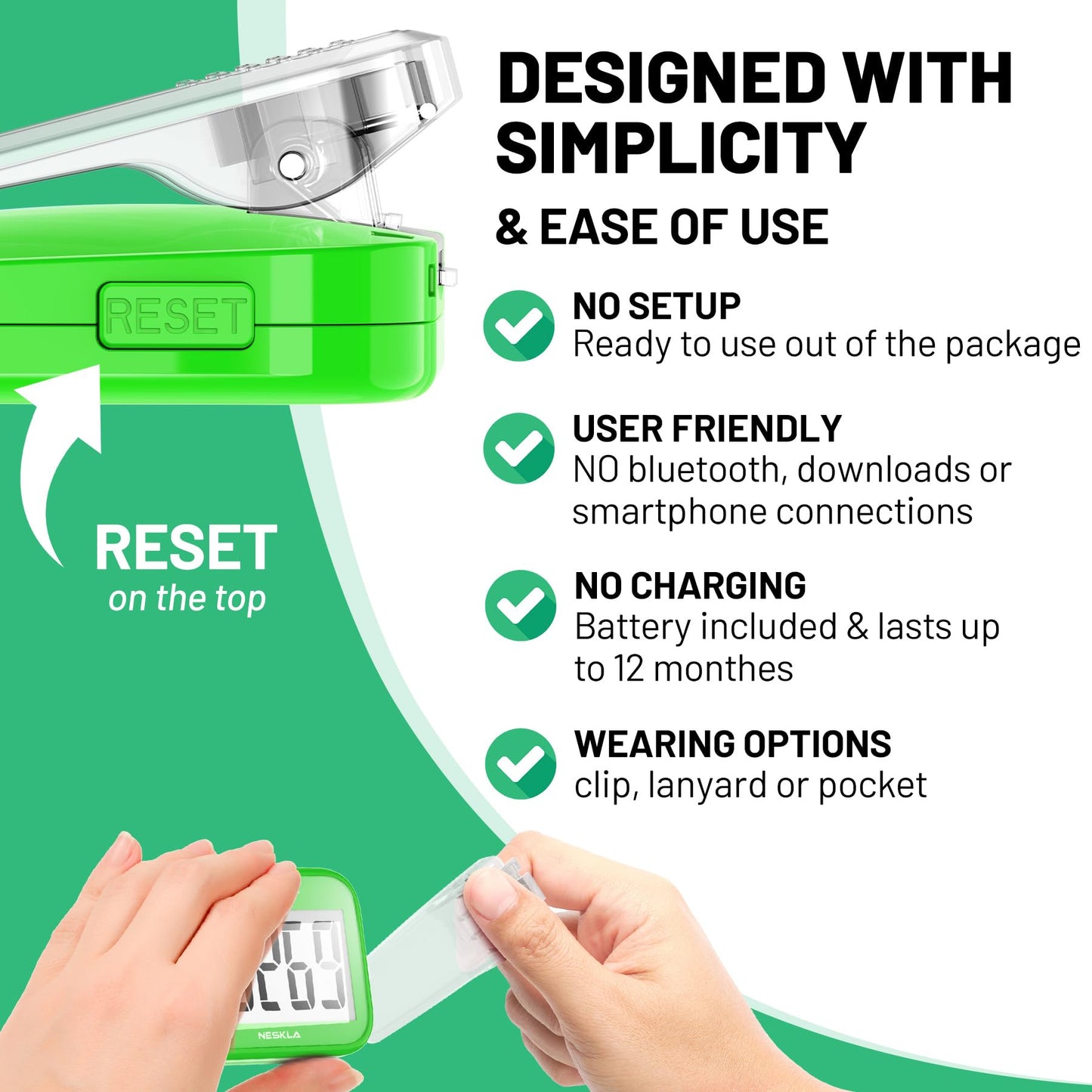 NESKLA 3D Pedometer for Walking, Simple Step Counter with Large Digital Display, Step Tracker with Removable Clip Lanyard, Accurately Track Steps for Men Women Kids Adults Seniors-Green