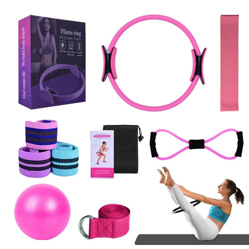 Pilates Essentials Kit for Women, 2025 New Better Me Pilates Kit, Pilates Rings Booty Bands, Yoga Sets for Women, Hip Exercise Band Yoga Ball 25cm Figure 8 Resistance Band (Pink-11Pcs)