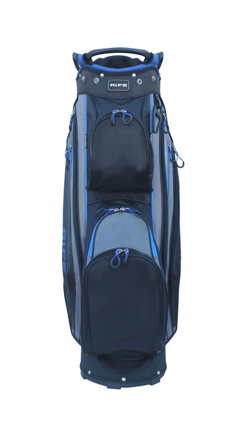 Rife Golf RF-LITE Cart Bag – 14-Way Divider Top with Putter Pit, 9.5" Lightweight Nylon Bag, 9 Zippered Pockets, Insulated Cooler Pocket, Black and Blue