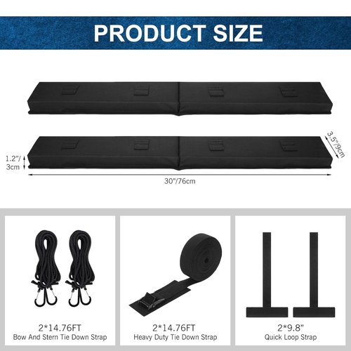 Datanly Universal Soft Roof Rack Pads Kayak Carrier Surfboard Windsurfing Car Racks for Snowboard Canoe with 2 Pcs 15ft Tie Down Straps 2 Pcs 15ft Tie Down Rope 2 Quick Loop Strap 1 Storage Bag, Black