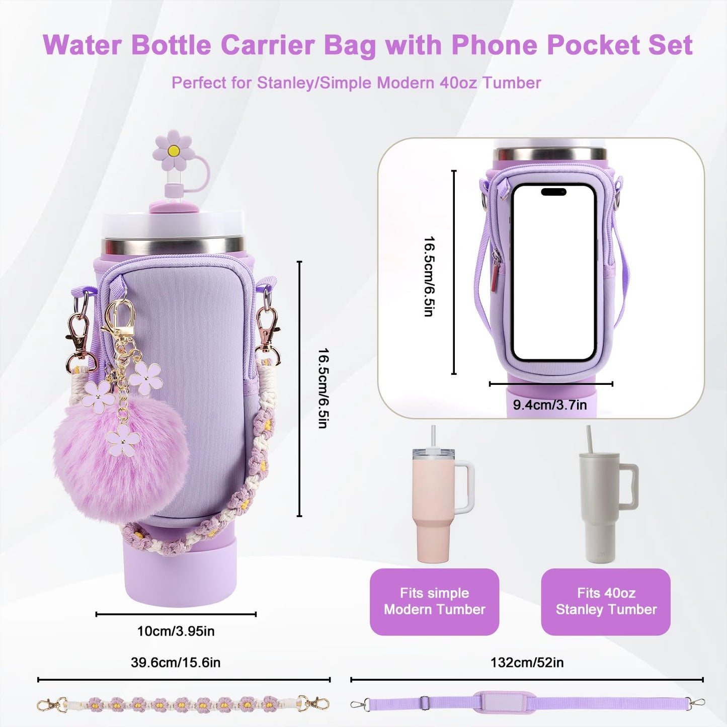 3tyto Stanley Cup Accessories Set Including Water Bottle Holder With Strap,Straw Cover,Stanley Charms,Silicone Boot for Stanley 40oz 30oz Tumbler (Purple)