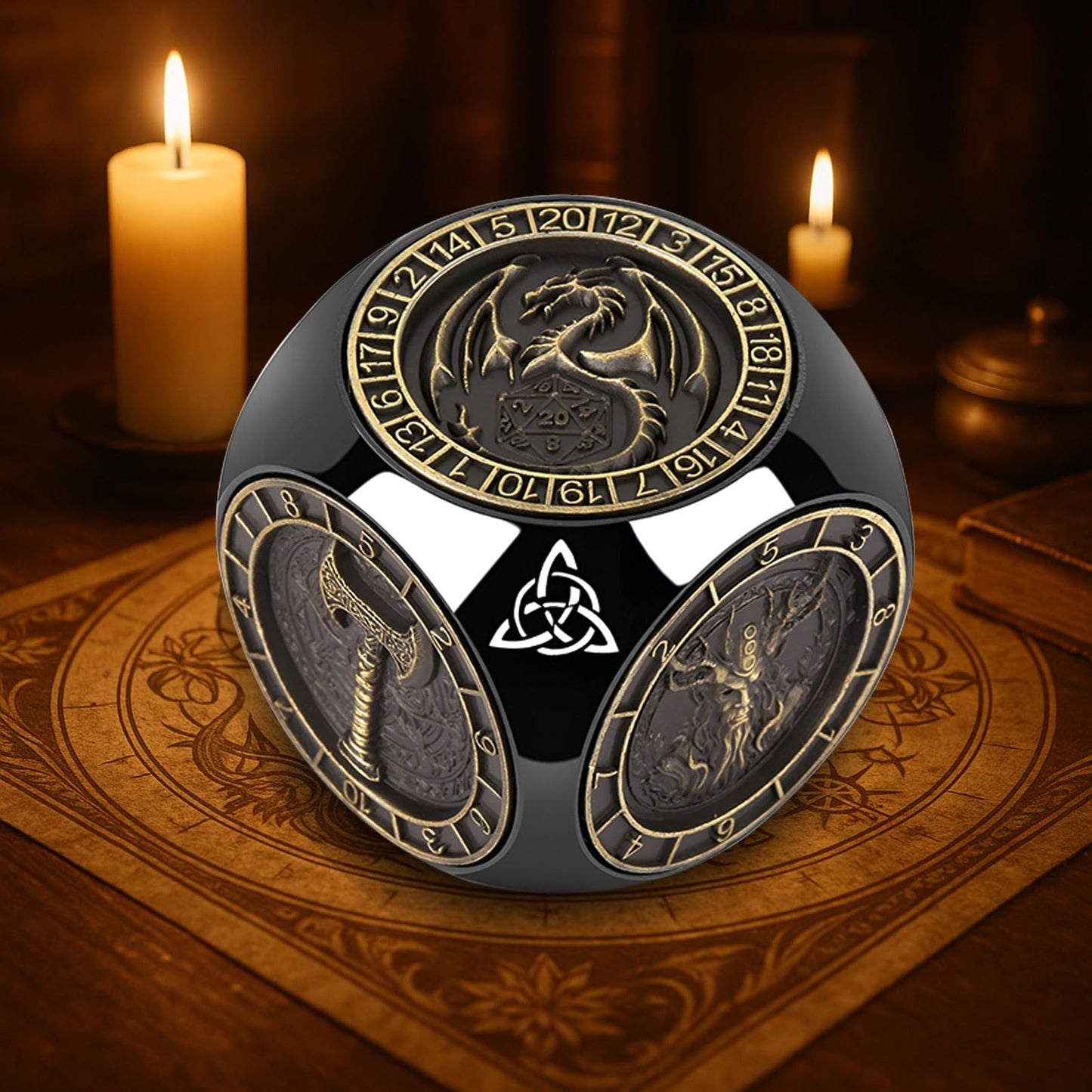 2025 New DND Spinner Dice for Dungeons and Dragons Gifts, 7-in-1 Metal Dice Set with 3D Relief, Polyhedral Roleplaying Game Dice, Fantasy D&D Tabletop RPG Accessories for DM & Player (Black-Gold)