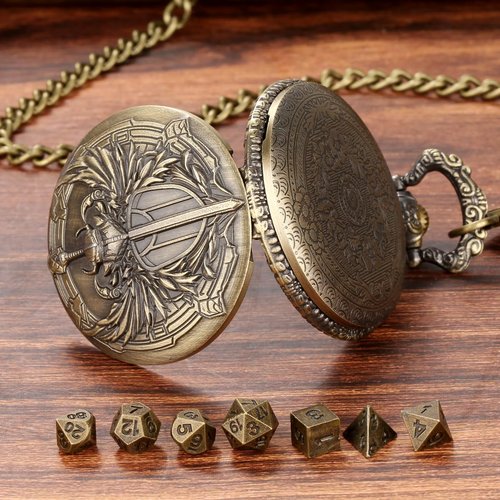 Mini DND Dice Set with Steampunk Paladin Pocket Watch Shell Case, DND Starter Set, 7pcs Polyhedral Mini Metal Dice Set, DND Gifts with Gift Bag, Role Playing Board Game Accessories,Bronze