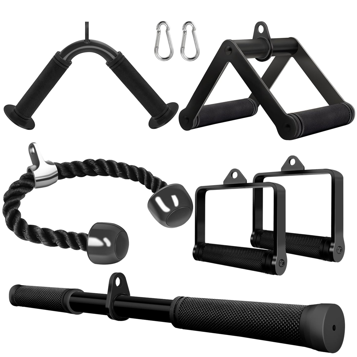 Howffite Cable Attachments for Gym Set Tricep Pull Down Rope and Double D Row Handle and V Bar and Rotating Straight Bar with 2pcs 304 Stainless Steel Carabiner
