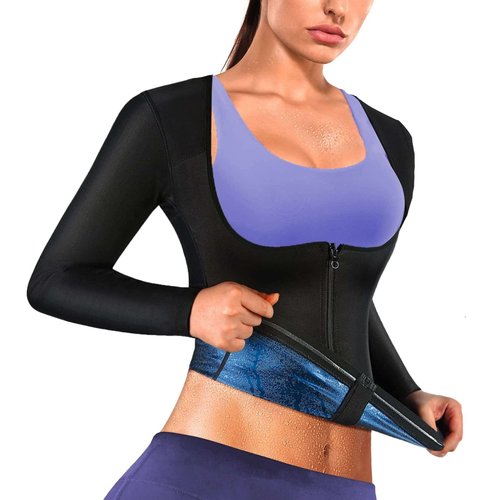 REMEBSWEAT Sauna Suit Shirt for Women Sweat Vest Waist Trainer Long Sleeve Workout Thermal Top Zipper Long Sleeve L