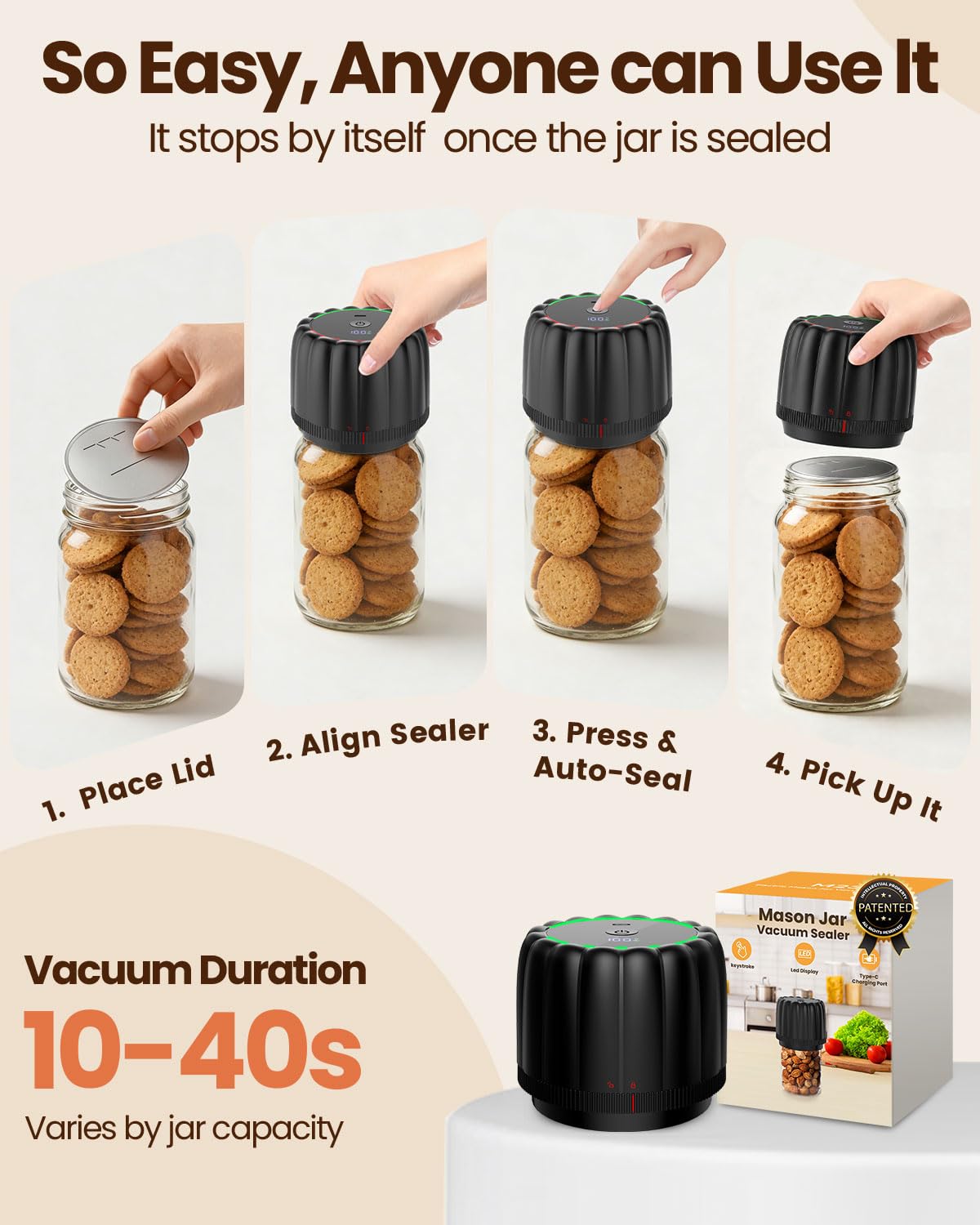 Snuuoby 2026 Upgraded Electric Mason Jar Vacuum Sealer Kit with Wide and Regular Mouth Mason Lids -80kpa Automatic Vacuum Pump 2500mAh Battery One Touch Canning Sealing Machine for Food Storage Black