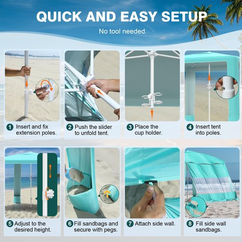 Rhino Valley Beach Cabana, 8*8FT Beach Tent UPF50+ Protection, Easy Setup Beach Canopy Wind Resistant with Cup Holder, Compact Beach Shade Foldable Beach Tent Sun Shelter for Whole Family Friend,Green