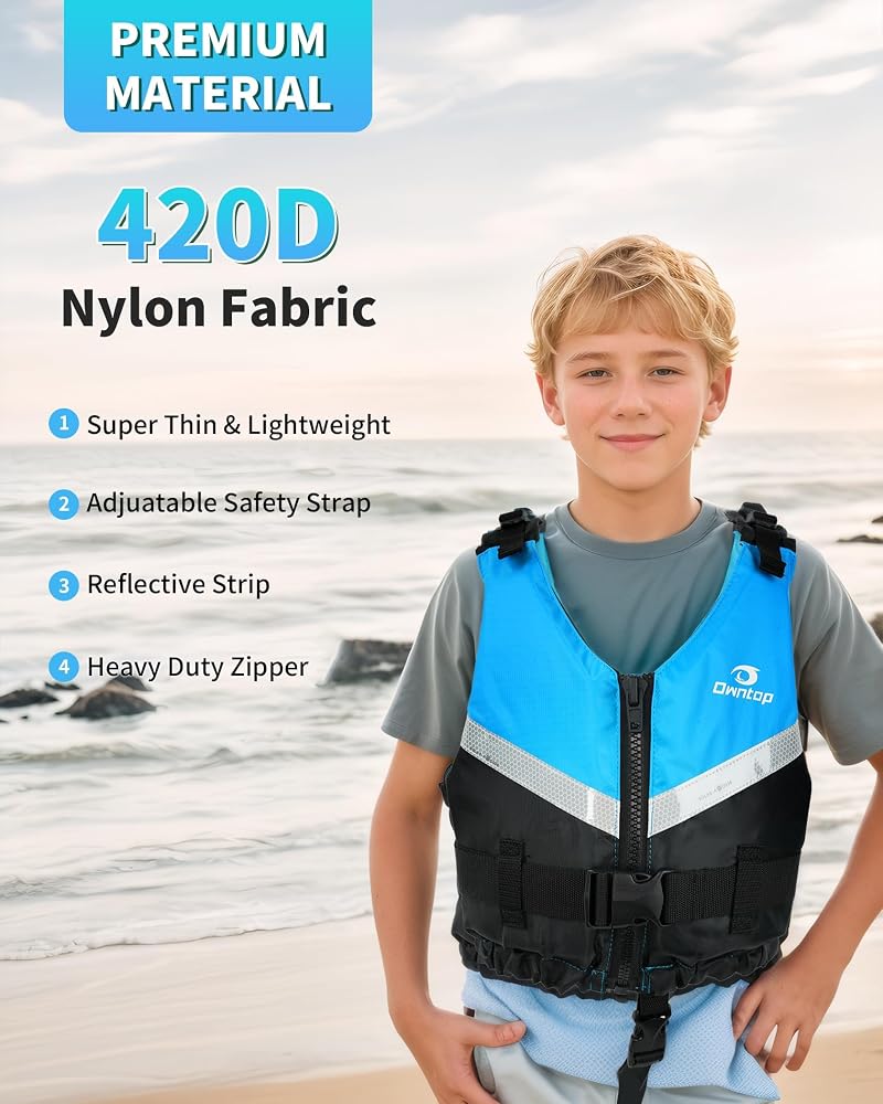 Owntop Kids Swim Vest - Ultra Thin Lightweight PFD with Crotch & Adjustable Waist, High-Visibility Blue (75-125 lbs) - Training, Kayak, Boating