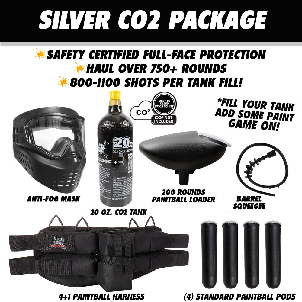Maddog Tippmann Cronus Tactical Paintball Gun Marker and Silver CO2 Accessory Starter Package | Comes with Marker, Anti-Fog Mask, Hopper, Harness, Pods, & 20oz CO2 Tank - Black/Olive