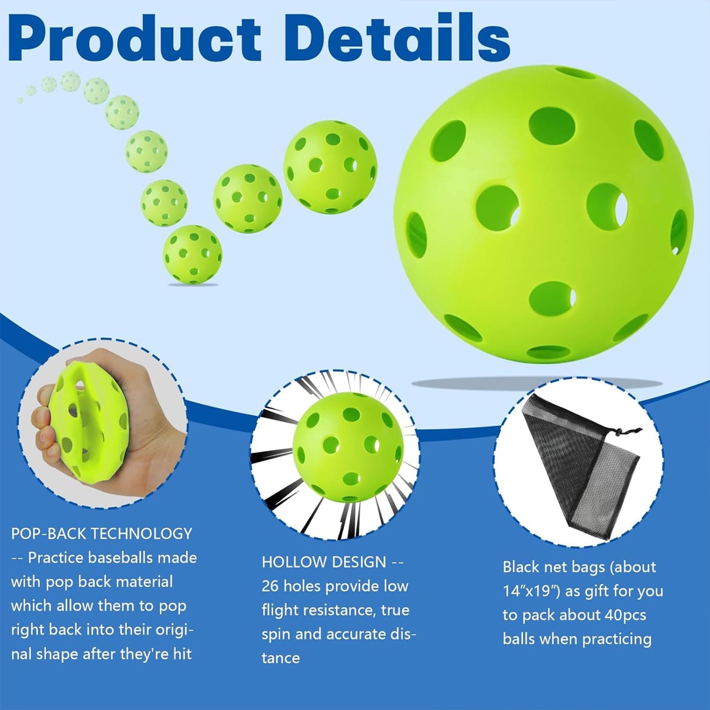 Coopay 20 Pack Baseball Practice Balls Plastic Training Balls Lightweight Hollow Softballs with a Drawstring Bag for Hitting, Baseball Training Indoor Outdoor Use (Green)