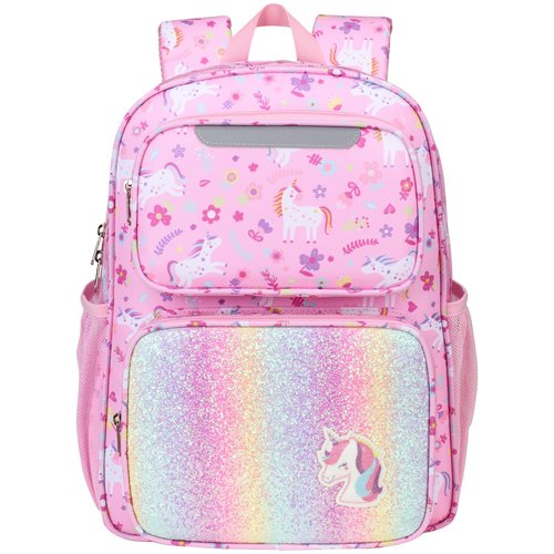BrainyBees Kids Backpack for Girls - 15 Inch Unicorn Backpack for Kids 3 to 8, School Bookbag for Preschool Kindergarten and Elementary 1st 2nd, Insulated Pocket and Reflective Stripe, Pink Unicorn