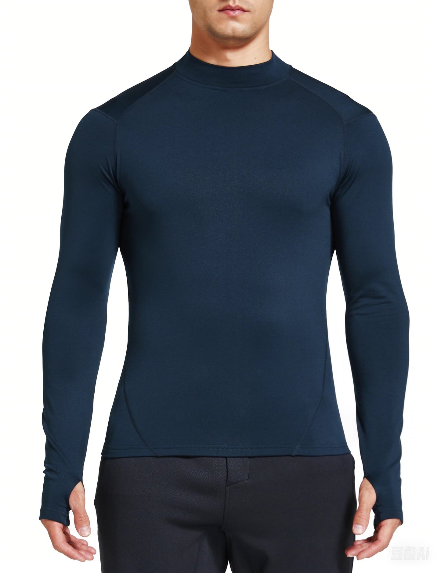 FitsT4 Sports Men's Thermal Shirt Fleece Lined Mock Neck Base Layer Tops Long Sleeve Running Athletic Shirt with Thumbholes Navy L