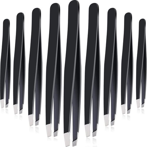 Mudder 12 Pcs Eyebrow Tweezers Set for Facial Hair Stainless Steel Slanted Tip Tweezers in Bulk for Men and Women(12 Pcs,Black)