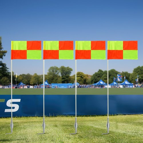 4 Pcs Soccer Corner Flags Set，67-Inch Portable Soccer Agility Poles and Football Field Corner Flags，Spring Mounted Spike Corner Flag Poles for Outdoor Grass Fields, Agility Training Soccer Equipment