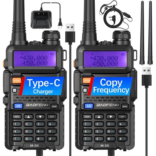 Ham Radio Baofeng UV-5R Radio Upgrade Handheld Long Range UV5R Walkie Talkies with Earpiece M-5R 5RX Multi Band Two Way Radio with Copy Frequency,USB-C Charger for Hunting Survival Gear,2 Pack