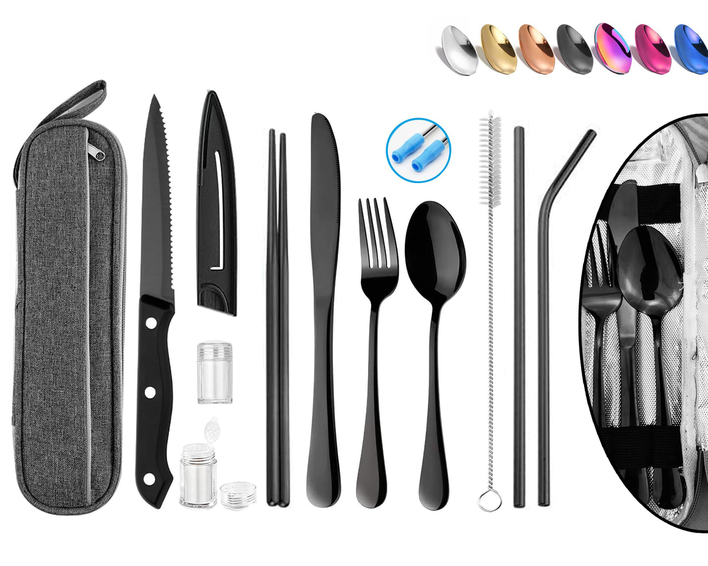 Portable Reusable Travel Utensils Silverware with Case,Travel Camping Cutlery set,Chopsticks and Straw, Flatware Cutlery with Case, Stainless steel Utensil set Top (Black)
