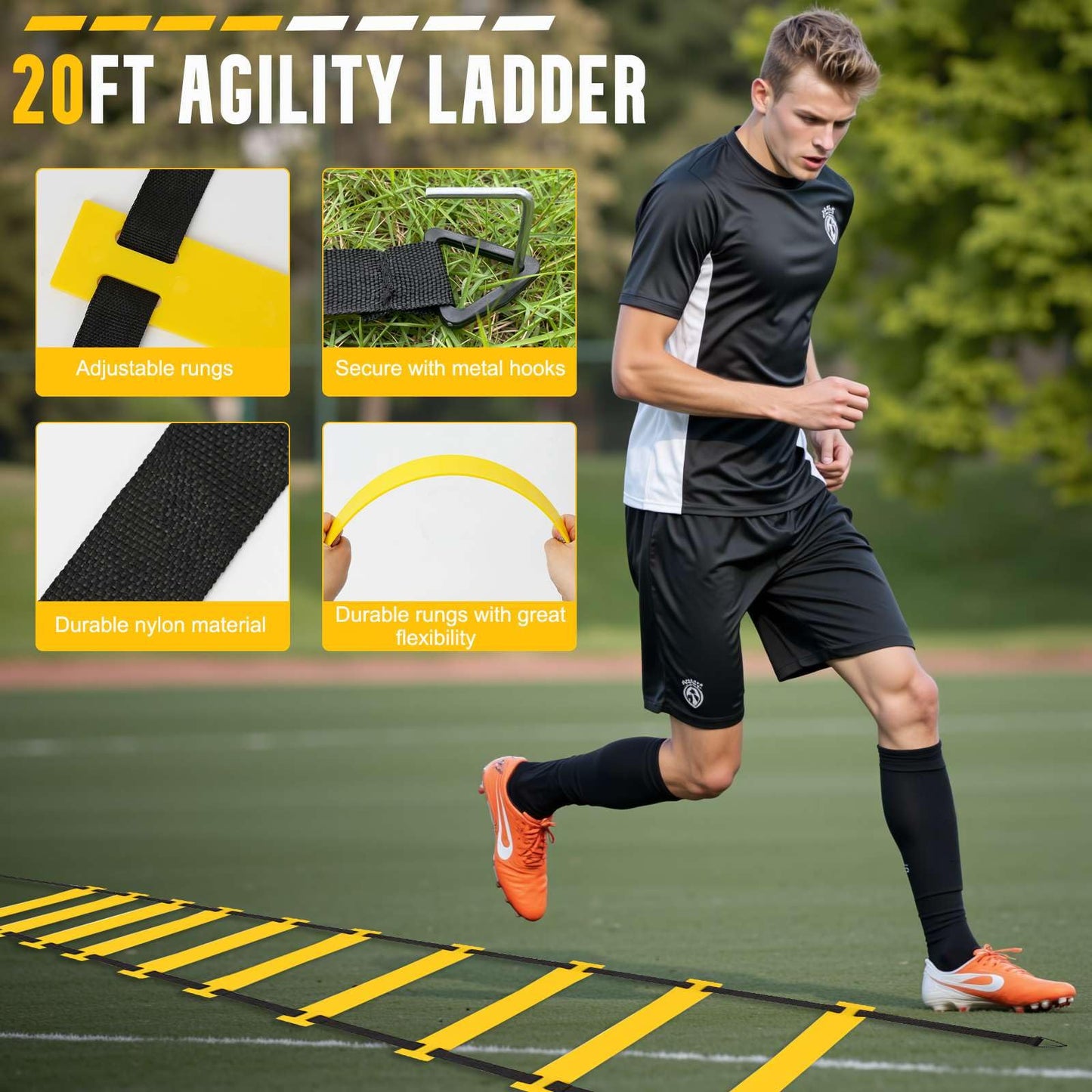 YGORTECH Agility Ladder, Soccer Training Equipment Set, 4 Agility Hurdles, 20ft Speed Ladder, Running Parachute, 12 Football Cones, Jump Rope | Soccer Basketball Athletes Speed Training Yellow