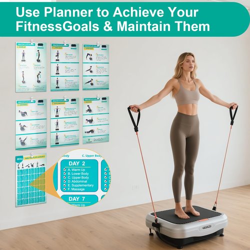 Vibration Plate Exercise Machine Poster - Upgraded 6 Workout Guidance & 10 Pcs Planner & 10 Pcs Double-Sided Clips, Comprehensive Whole Body Wave Vibrating Workout Chart