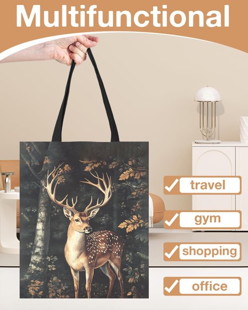 Deer Print Canvas Tote Bag for Women Dark Academia Deer Pattern Reusable Grocery Shoulder Bag for Shopping Travel Work Gym Aesthetic Totes