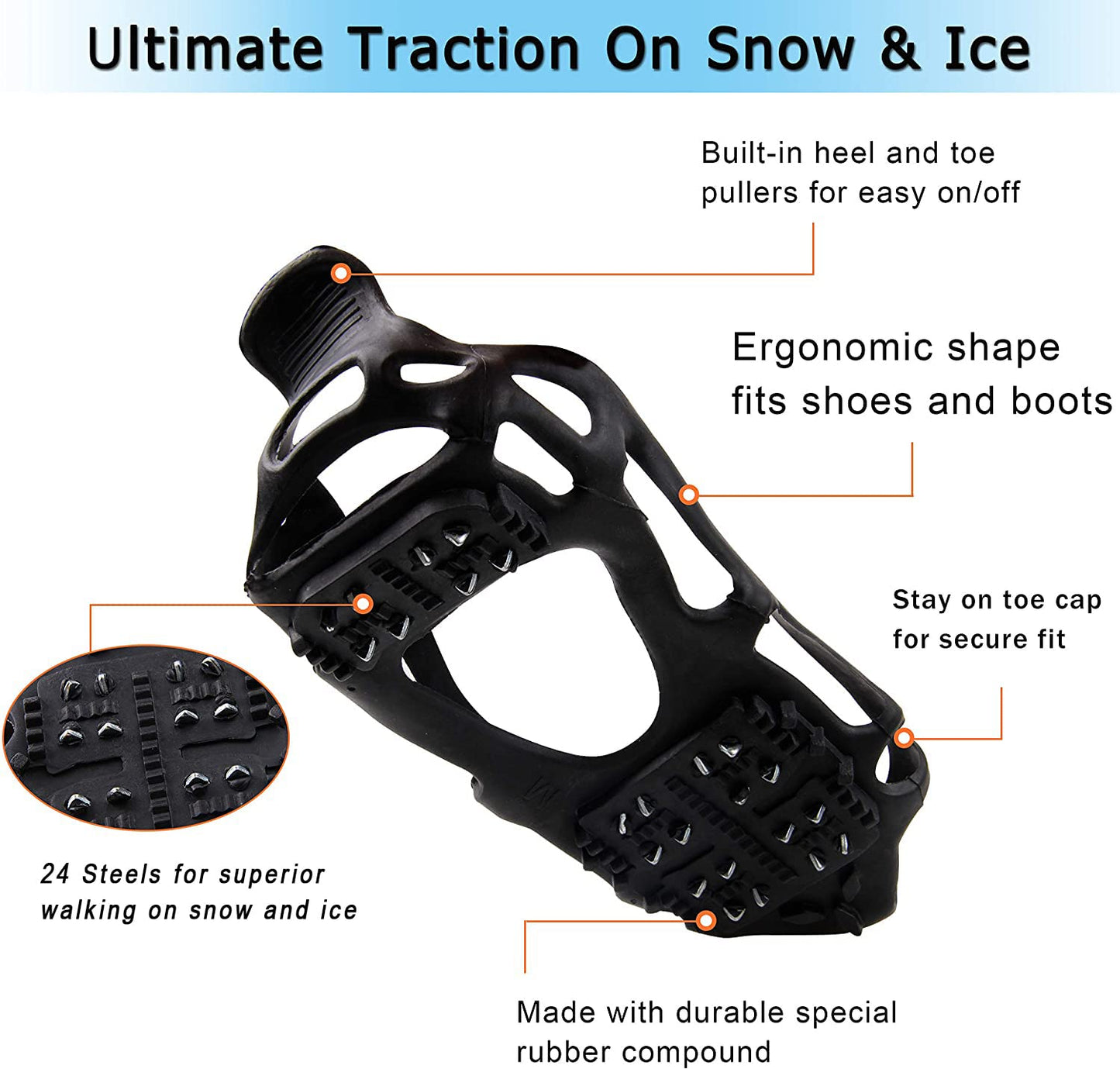 Ice Snow Traction Cleats Crampons Anti-Slip Snow Shoes Cleats Walking on Snow and Ice Winter Walking Boots Cleats for Men Women Hiking, Jogging (24 Steel Crampons,Szie XL)