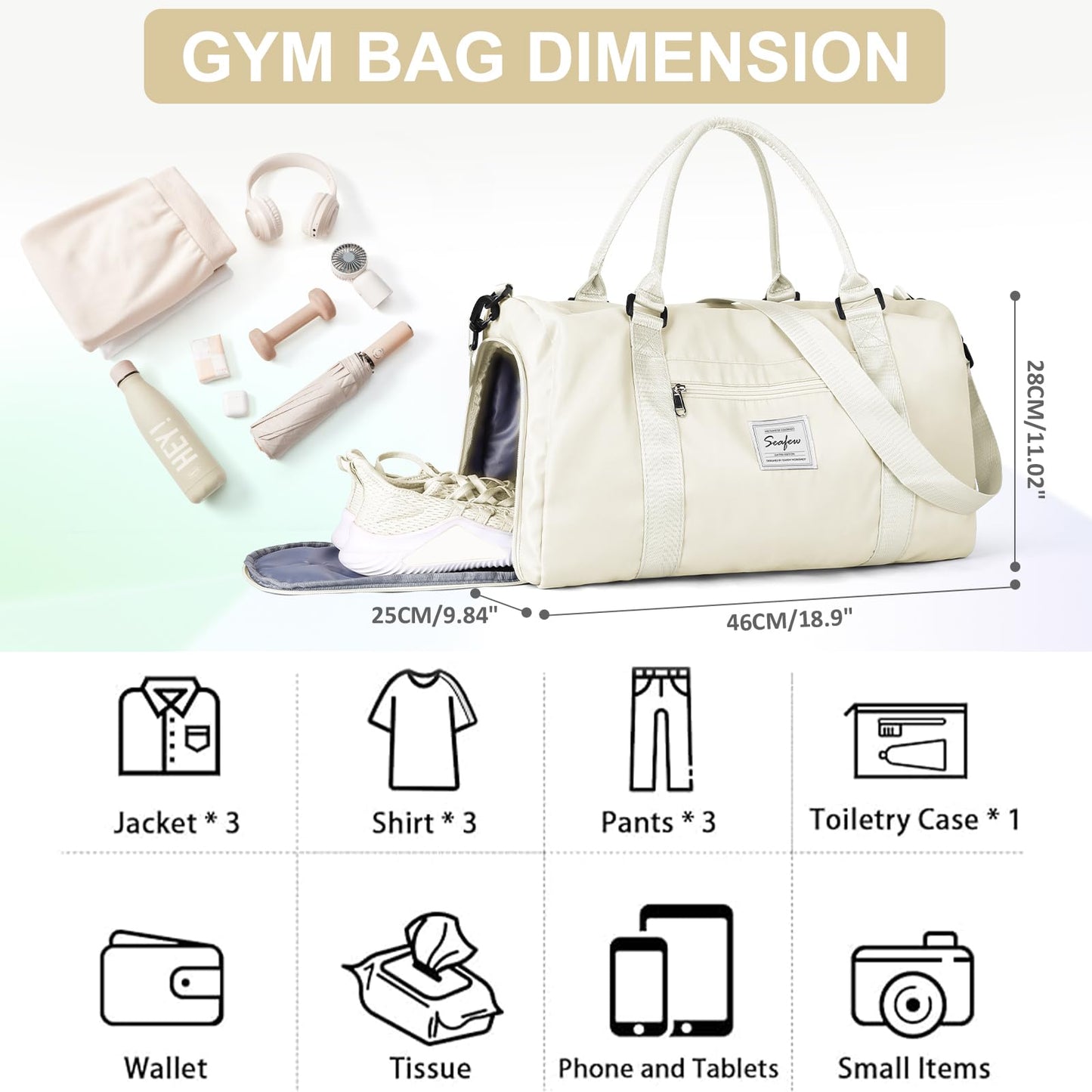 Gym Bag for Women Men with Shoes Compartment and Wet Pocket,Sport Swimming Yoga Bag,Waterproof Travel Duffel Bag Small Carry on Bag Overnight Weekender Bags Personal Item Bag for Airlines Cream White