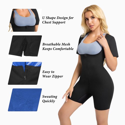 Meiosuns Sauna Suit for Women Ribbed Full Body Sweat Suits Weight Loss Jumpsuit Waist Trainer Shaper 4 in 1 Slimming Heat Trapping Sweat Shirt for Belly Fat Workout Gym Shapewear (Blue, M)