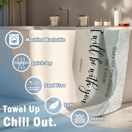 Xmsaitar Christian Coastal Beach Towel, Scripture Bible Verse When You Pass Through The Waters Bath Towels for Bathroom Swimming Pool, Sea Ocean Summer Microfiber Beach Towels Oversized Decor 30x60in