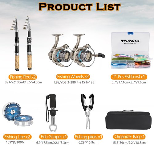 THKFISH Fishing Pole Set, 2Pcs 2.1m/6.89ft Telescopic Fishing Rod and Reel Combo,Spinning Reels Lures Set Carrier Bag for Travel Saltwater Freshwater Kit Fishing Rod Reel Combos(2PCS)