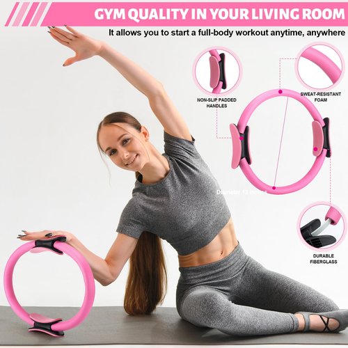 RoundFunny Pilates Ring Circle Set 18 Pcs Exercise Equipment Accessories for Women Workouts Pilates Ball Stretching Strap Magic Circle Yoga Ring Gym Back Bag Resistance Band Anti Slip Socks(Pink)