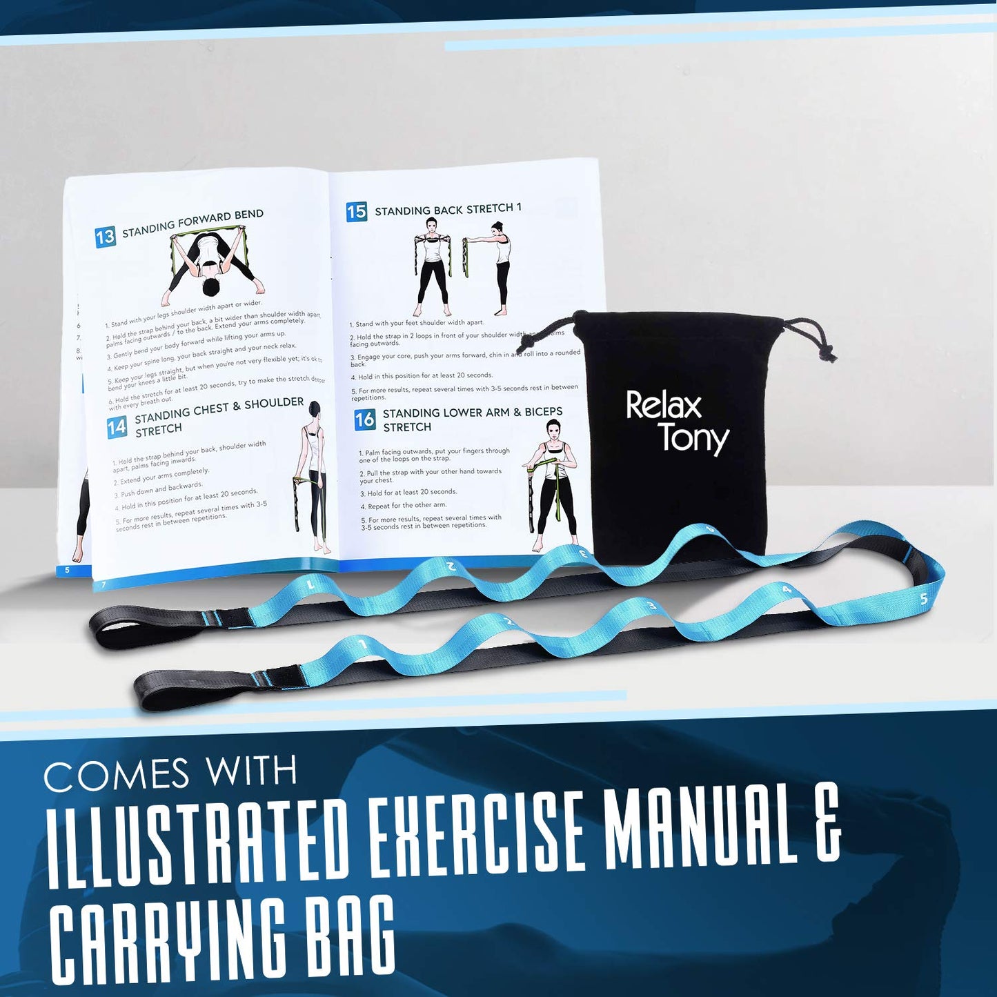 Relax Tony Yoga Stretching Strap | 12 Loops Non-Elastic Stretching Yoga Strap | Stretching Band for Physical Therapy, Home Workout Exercises, Pilates & Dance | Includes Carrying Bag & Workout Guide