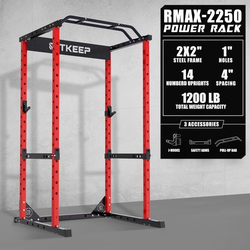 RitKeep RMAX 2250 Multi-Functional Power Rack - 1200lb Capacity Squat Rack for Home Gym with Multi-Grip Pull-Up Bar, J-Hooks, and Safety Bars (Red(red barbell）, 700LB barbell)