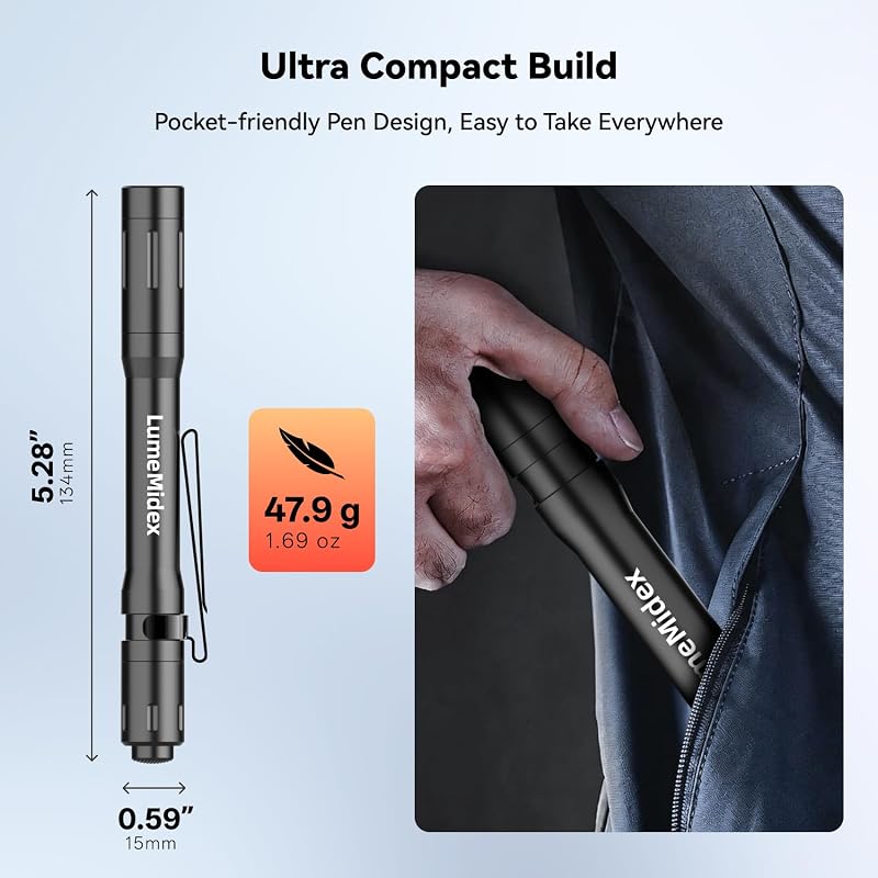 Rechargeable Pocket EDC Flashlight Pen Light - 4 Brightness Modes, 5.28" Slim Aluminum