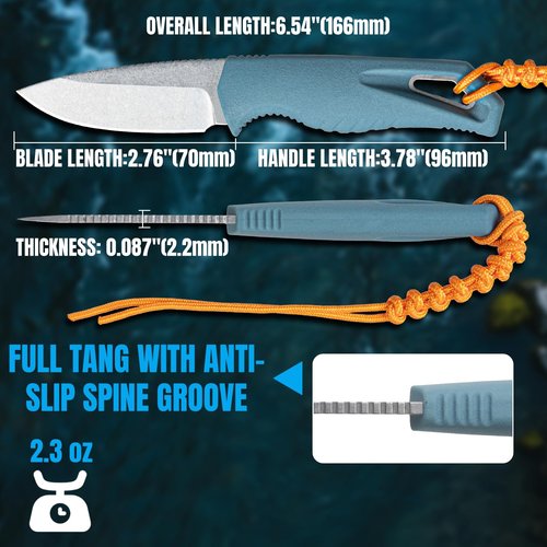 CeoNic Portable Fixed Blade Knife with Kydex Sheath, 2.6" D2 Blade EDC Outdoor Knife with Depth Blue Santoprene Handle (18050)
