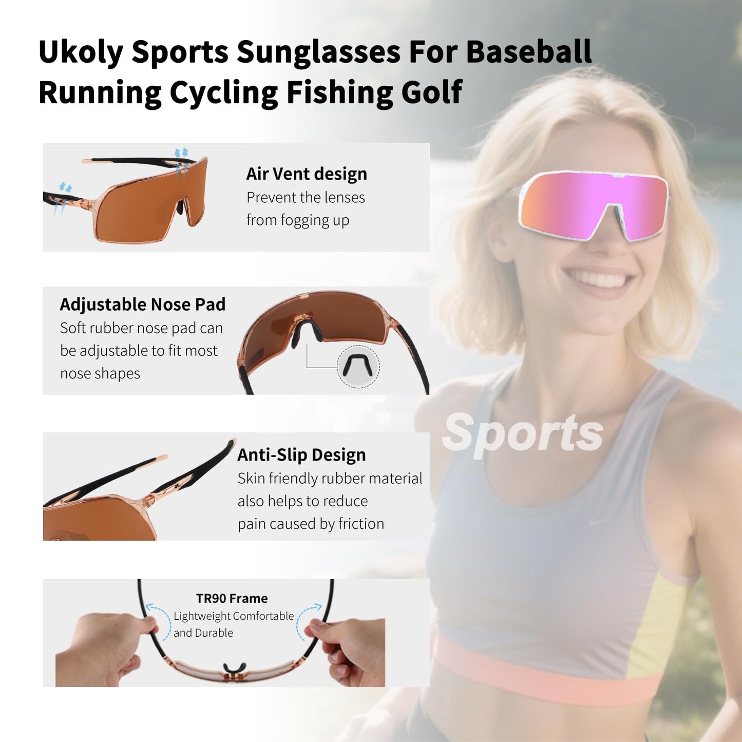 Ukoly Baseball/Running Sunglasses Cycling Glasses For Men Women,Sport Sunglasses HD Lens UV400 Protection TR90 Frame 650 (HD Polarized Brown)