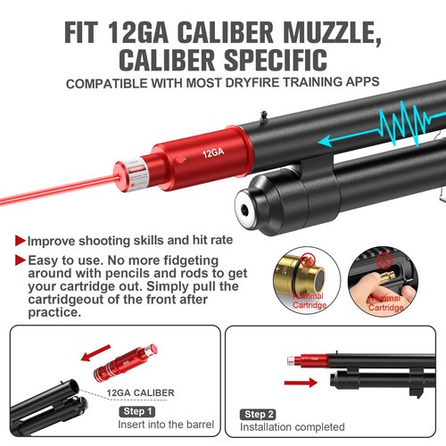 Vantara 2-in-1 12GA Laser Training Cartridge w/Bore Sighter for Dry Fire Training System - Red Laser Bullet w/Bore Sighting for Shooting Practice & Sight Calibration