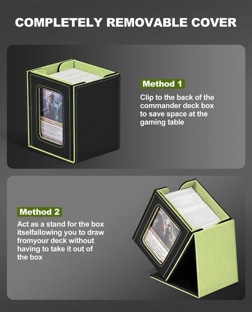 MTG Card Deck Box with Commander Window Display, Leather Magnetic Card Storage Box Holds 100 Double-Sleeved Cards Suitable for TCG/CCG/PTCG/EDH/Magic/Sport Cards(Black&Green)