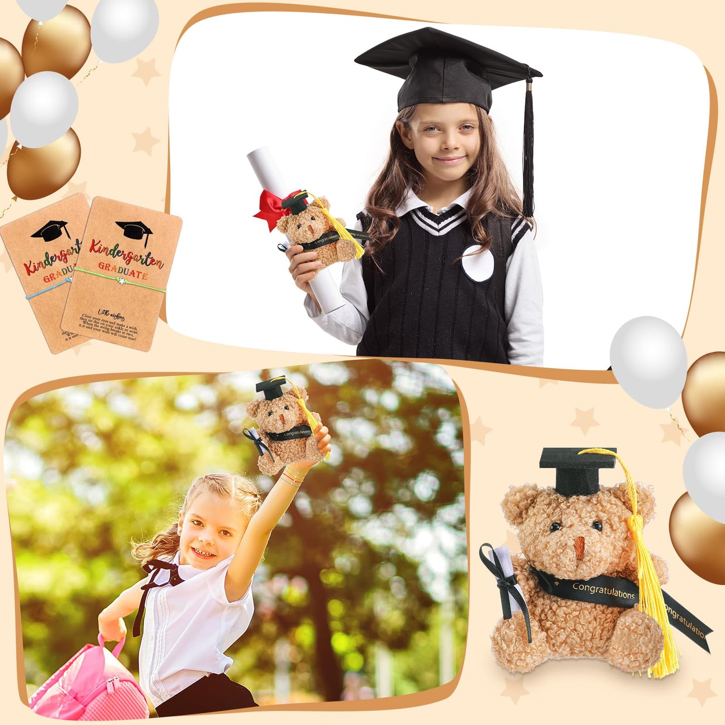 Motionchic 50 Pcs 2026 Kindergarten Graduation Bear Bulk Set with 25 Graduation Gift Mini Stuffed Bears 25 Wish Bracelet Organza Bag Card for Kid Child Kindergarten Class of 2026 Party Favors(Black)