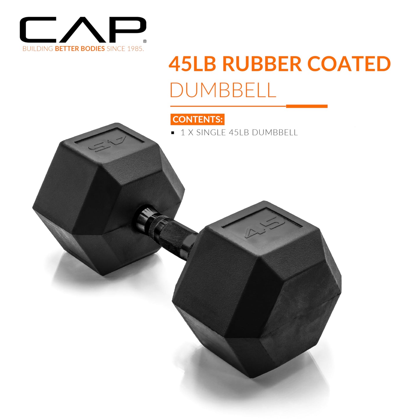 CAP 45lb Rubber Coated Hex Dumbbell, Black Grip, Free Weights, Single