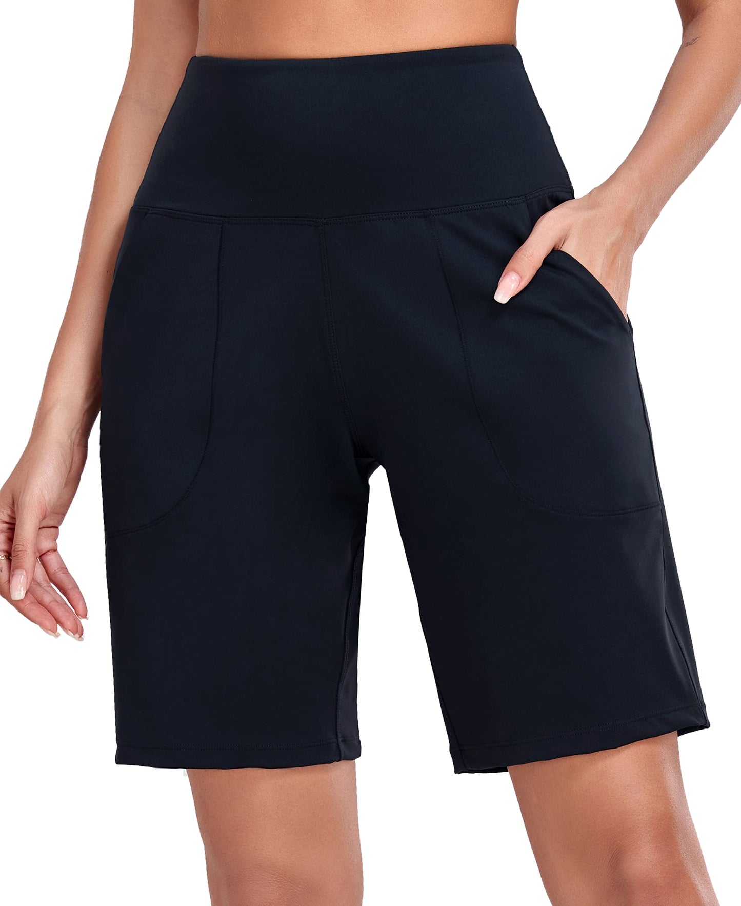 Oalka Women's High Waisted Shorts Yoga Workout Bermuda Long Hiking Shorts with Pockets 10" Shorts Black L