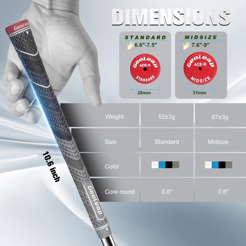 Geoleap Golf Grips Set of 13 - Grips with 15 Tapes and Repair Kits, High Feedback Back Rib Technology, All-Weather Cross Corded Rubber Performance (Grey-Classic, 13 Grips with 15 Tapes)