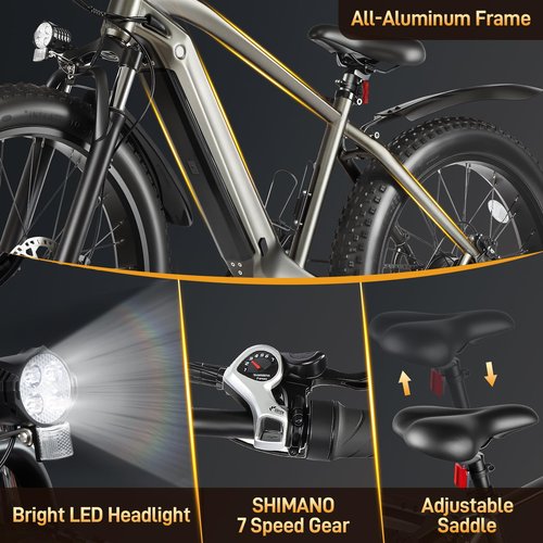 TKLINS Electric Bike for Adults, 28MPH Max Speed Fat Tire Dirt E-Bikes, 1500W Peak Motor Ebikes, 48V14.5AH Battery 7 Speed 40 Miles Max Range E Bikes for Mountain, Commuting