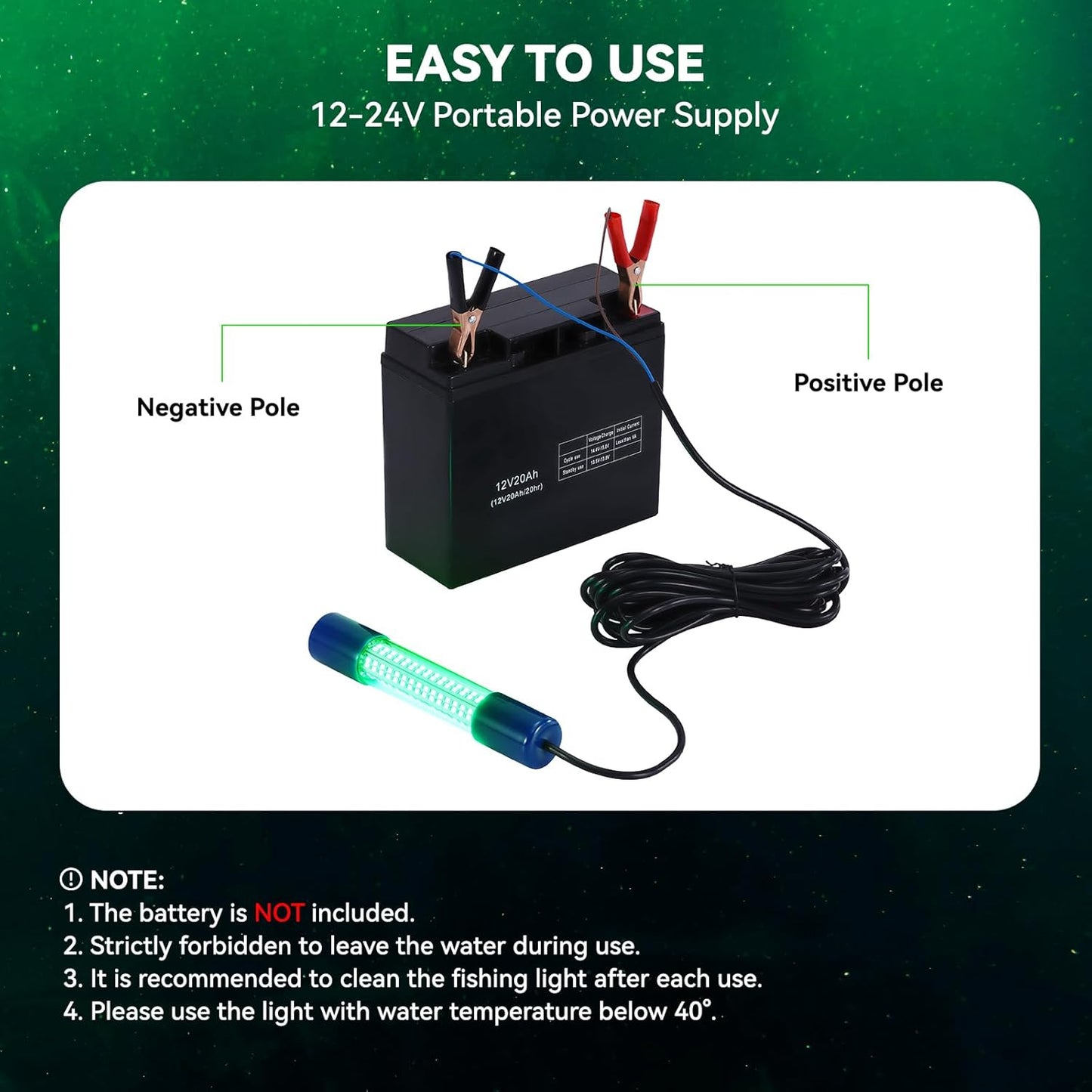 18W Underwater Fishing Light, IP68 Waterproof DC 12-24V LED Fish Bait Light Submersible Finder Attractants Lamp for Crappie Shrimp Squid Catfish + Battery Clamps, 16.4ft Cable Green/Blue/White Light