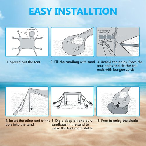 Beach Tent Sun Shelter, 10 x 10 FT Beach Canopy Tent Sun Shade Heavy Duty, UPF50+ Beach Tent Canopy with 8 Sandbags & 4 Stability Poles, Outdoor Beach Shade Canopy for Camping and Fishing, Blue