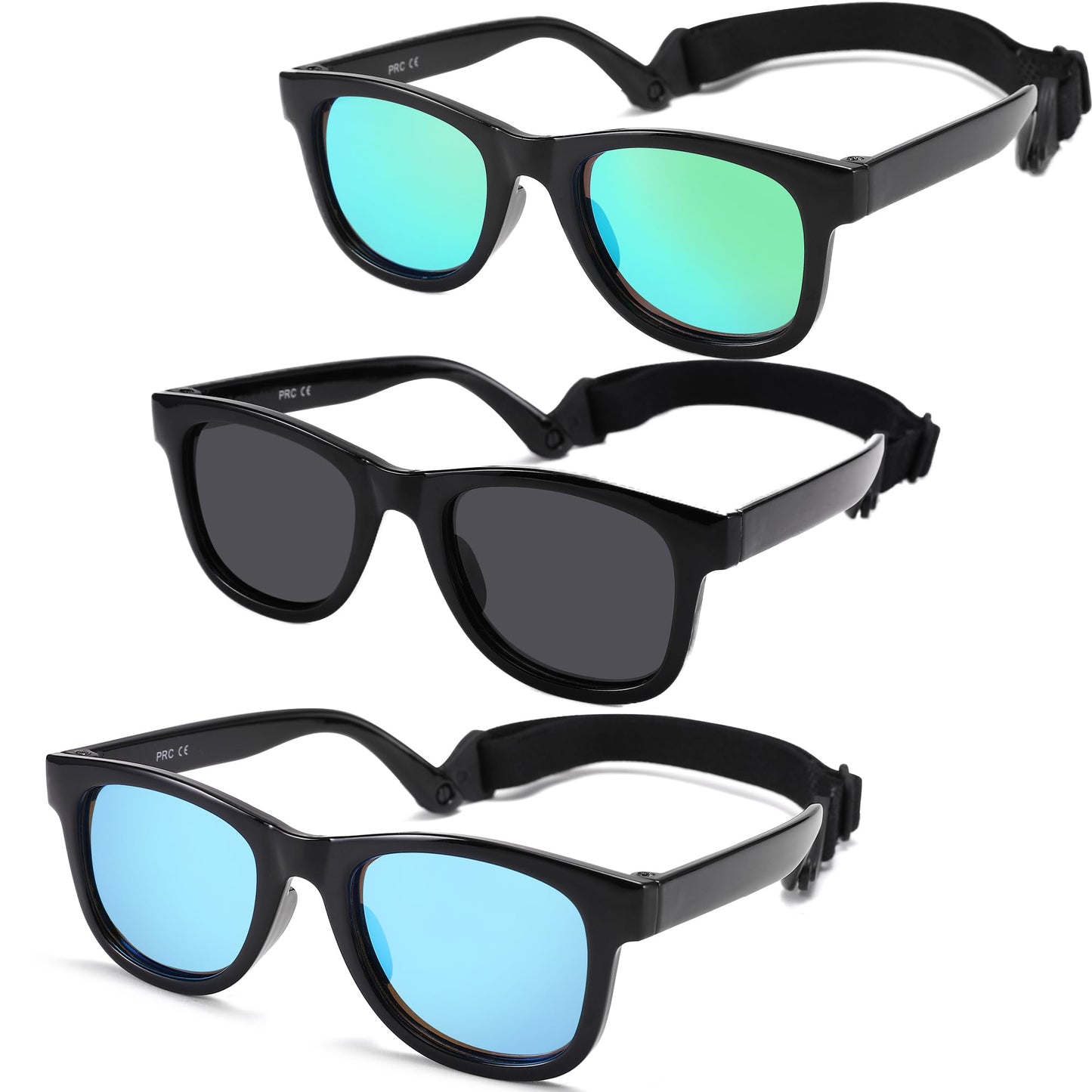 GLARDEFE Polarized Baby Sunglasses with Strap - Unbreakable Infant Sunglasses for Newborn Toddler Boys Girls Age 0-12 Months(Black/Green Mirror + Black/Grey + Black/Blue Mirror)