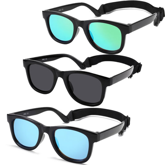 GLARDEFE Polarized Baby Sunglasses with Strap - Unbreakable Infant Sunglasses for Newborn Toddler Boys Girls Age 0-12 Months(Black/Green Mirror + Black/Grey + Black/Blue Mirror)