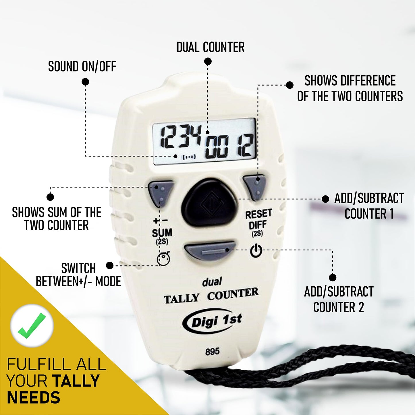 Digi 1st TC-895 Digital Dual Tally Counter, Electronic Up Down Clicker Counter, Add/Subtract People Counter, Handheld Pitch Counter for Golf, Lap & Sports Games