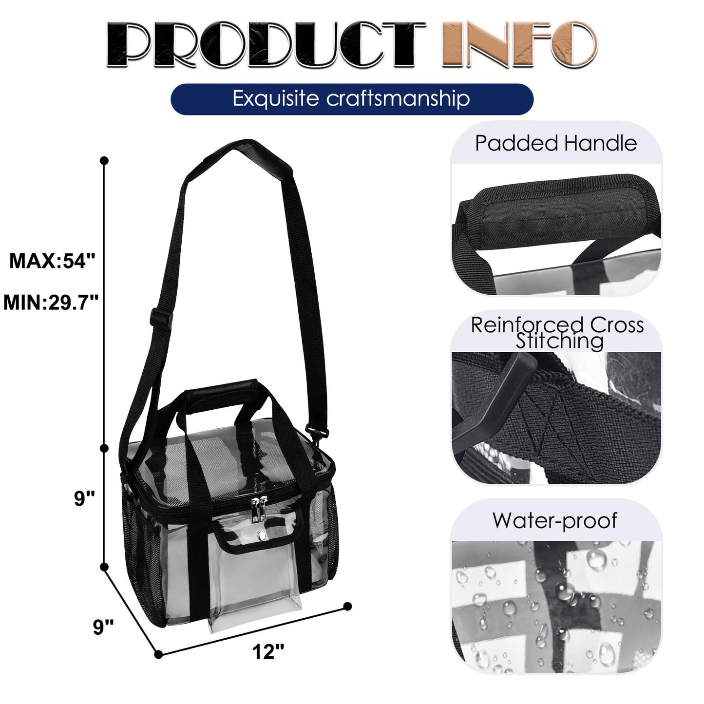 DST Gainbow Clear Lunch Bags For Work, 24-Can Large Transparent Lunch Bag Stadium Approved, Clear Tote Bag with Adjustable Strap and Front Pocket for Men Women(12"x 9" x 9" Black)