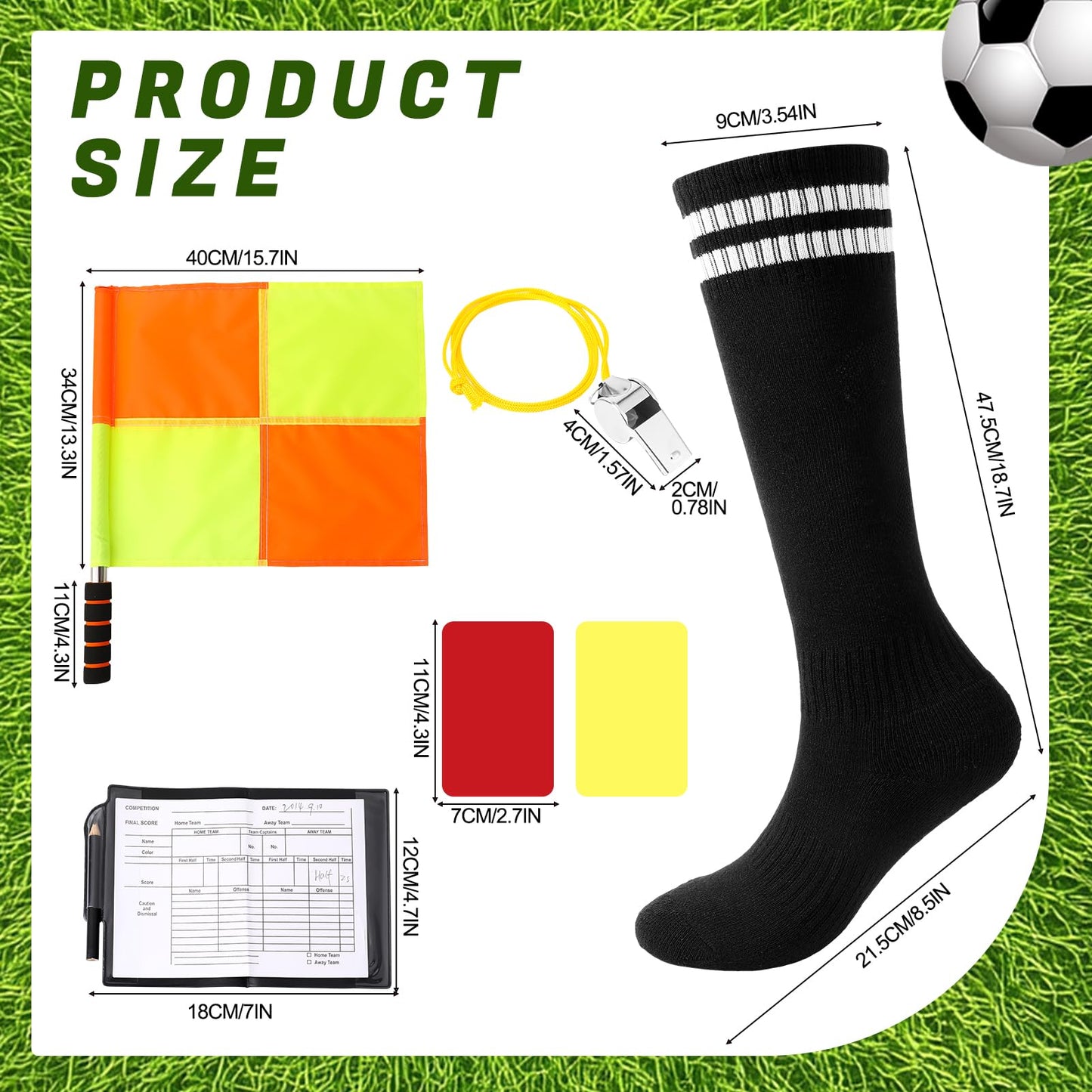 ZhouBoat Soccer Referee Kit, 6 Pcs Soccer Referee Shirt Jersey Umpire Uniform Football Linesman Flags Whistle Soccer Socks Referee Notebook Soccer Referee Costume for Adult Teenager, Green Small