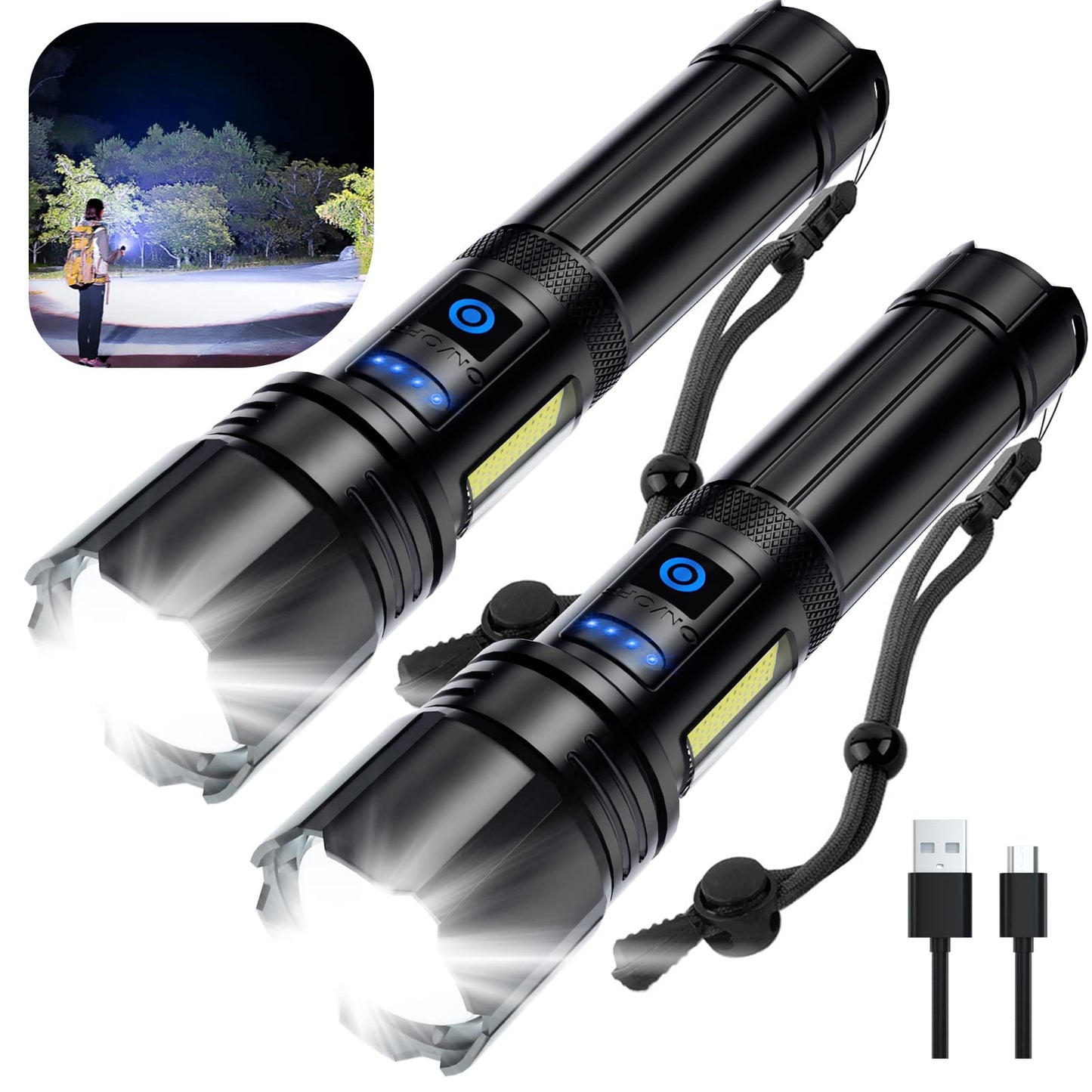 Kicoeoy Rechargeable Flashlights High Lumens, Led Flashlight 99,000 Lumens Bright Flash Light with 7 Modes, Flashlights for Camping, Home, IPX7 Waterproof (2 Pack)