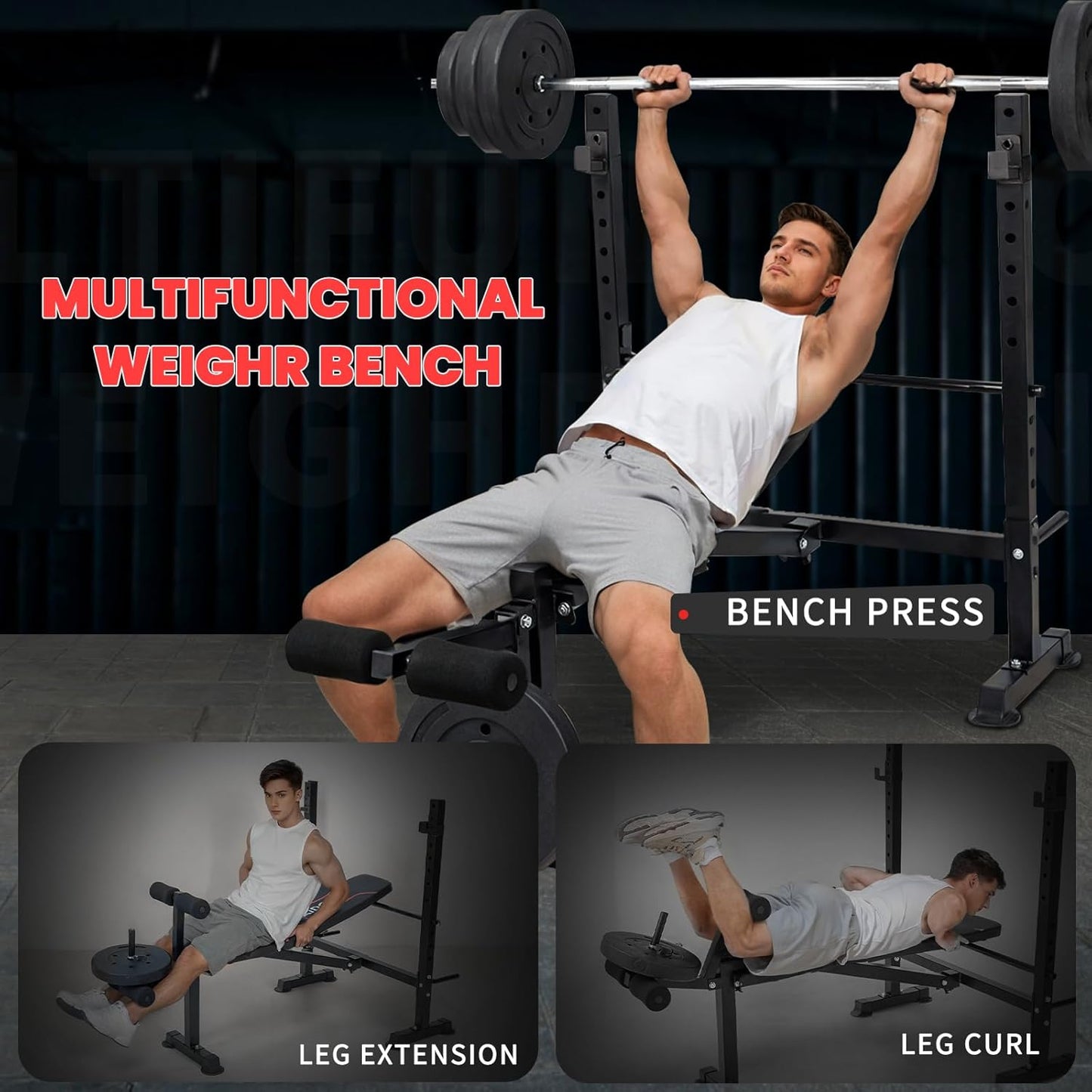 1500LBS 8 in 1 Olympic Weight Bench Set with Leg Extension/Curl and Preacher Curl, Bench Press Set and barbell Rack with Safety Bar Catches, Foldable Workout Benches for Home(US Stock)